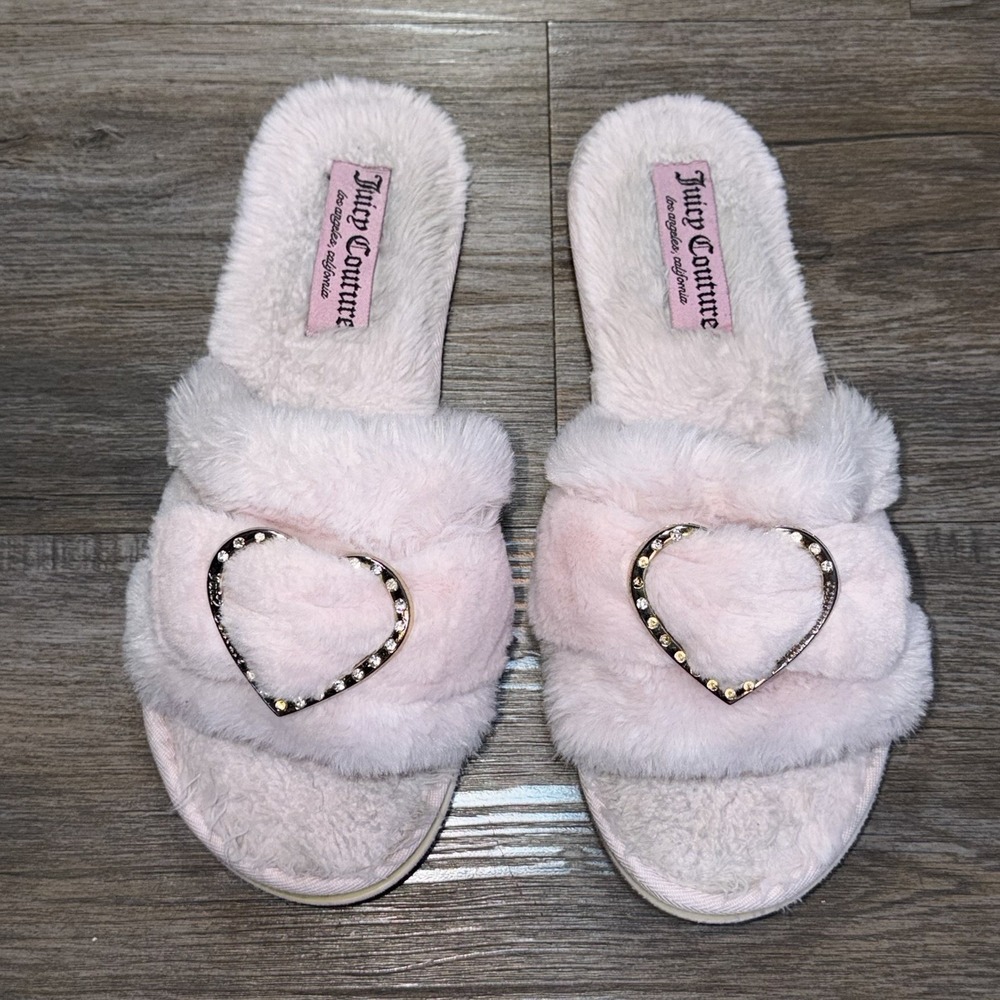 Juicy Couture Pink Faux-Fur Slide Slippers Womens L(8-9) Rhinestone Heart Buckle